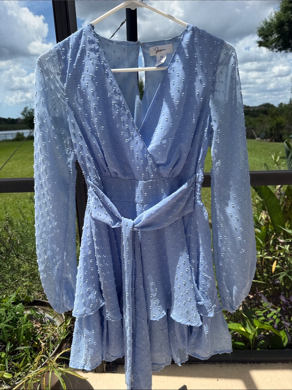Swiss-Dot Light Blue Wrap Mini Dress with Tie Waist